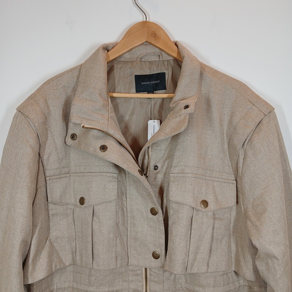Banana Republic Tan Herringbone Utility Jacket XXL Zip Front Drawstring Waist - Picture 3 of 9